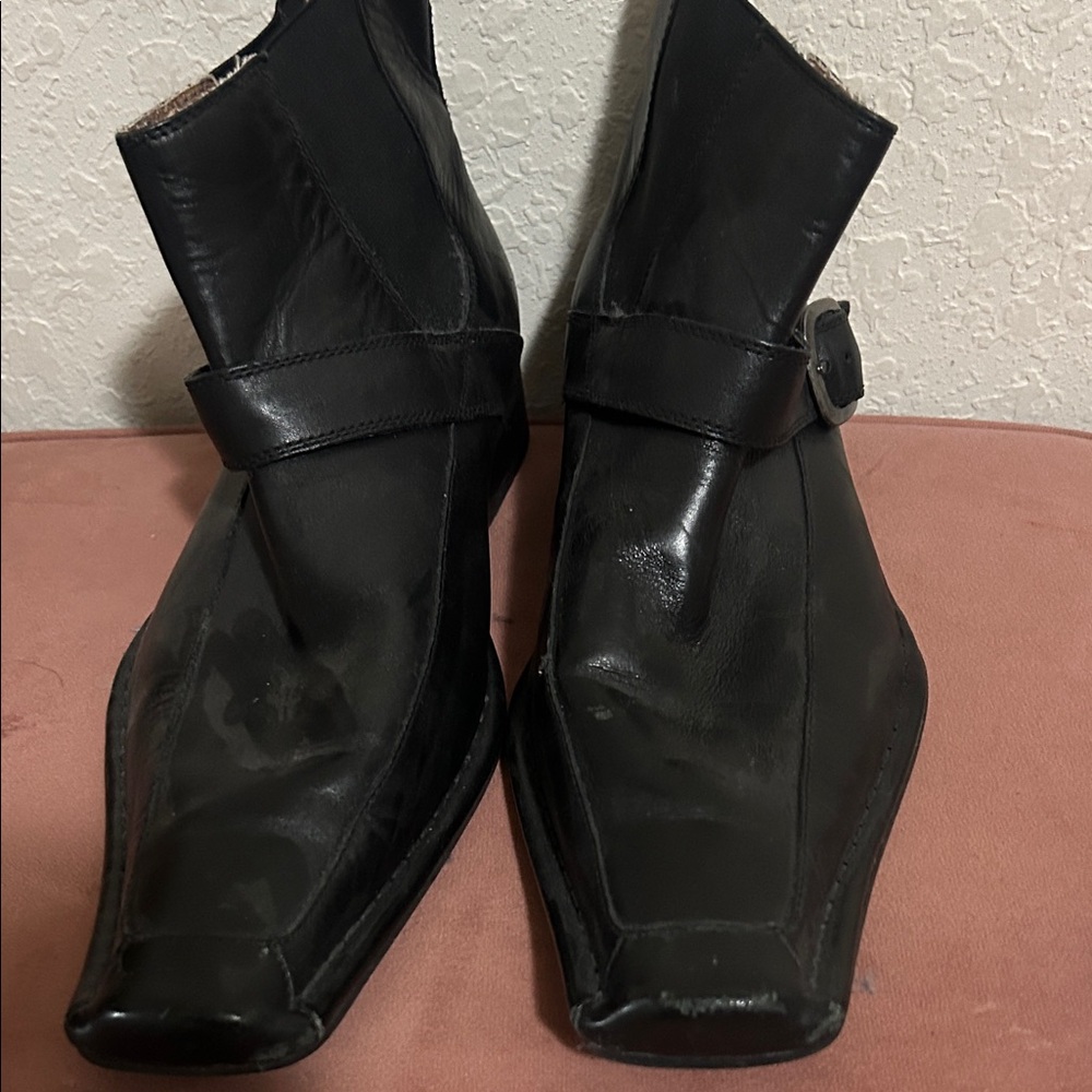 Black Leather Square-Toe Ankle Boots